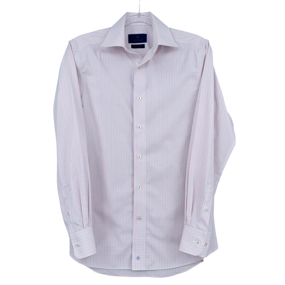 David Donahue Dress Shirt Mens 15 32/33 Cotton Check White Blue Pink
